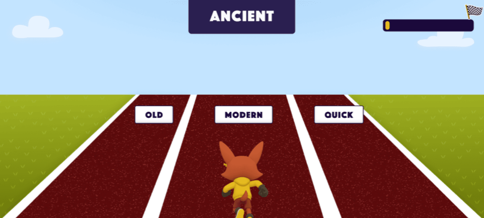 Gameplay Mechanics - 3-lane track with Roxy character and answer options