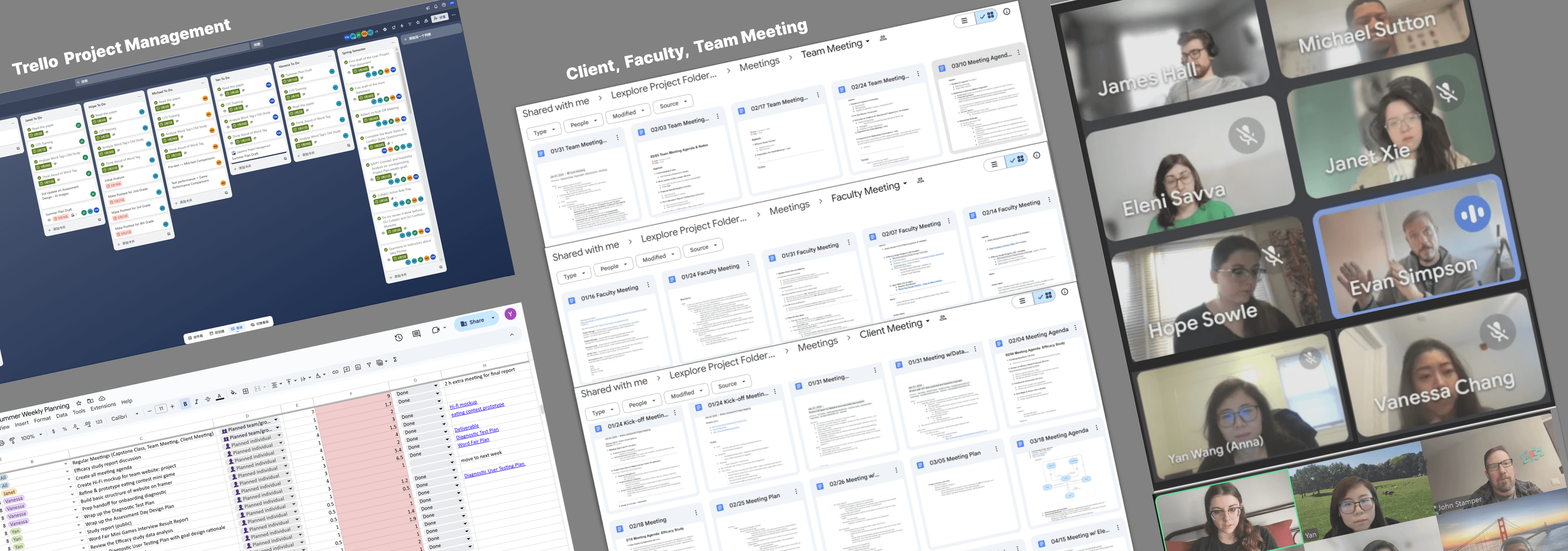 Team collaboration including meetings, Trello project management, and weekly planning